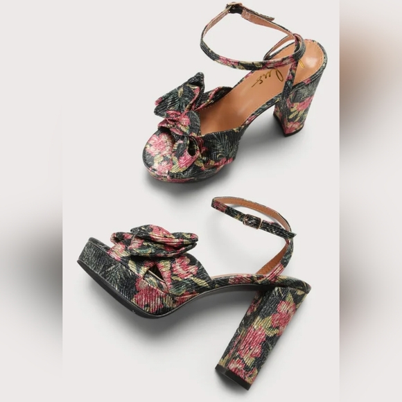 Lilsa Black Floral Metallic Bow Platform Ankle Strap Heels 9, NEW in Box - Picture 3 of 6